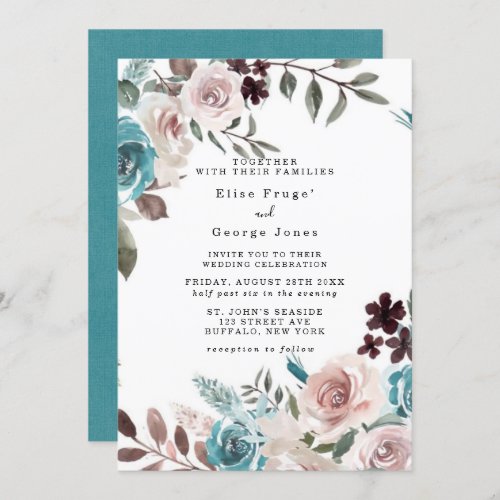Botanical Pink and Teal Watercolor Peony Wedding  Invitation