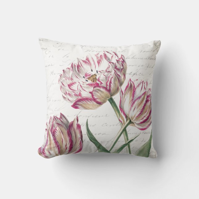 Botanical Pink and White Tulip Illustration Throw Pillow (Front)