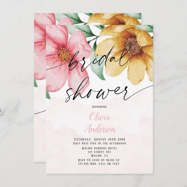 Botanical Pink and Yellow Floral Bridal Shower Invitation (Front/Back)
