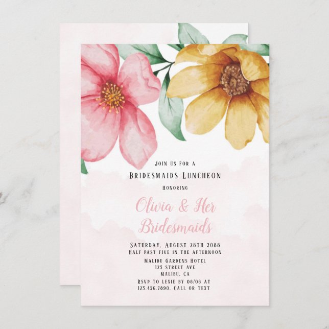 Botanical Pink and Yellow Floral Bridesmaids Lunch Invitation (Front/Back)