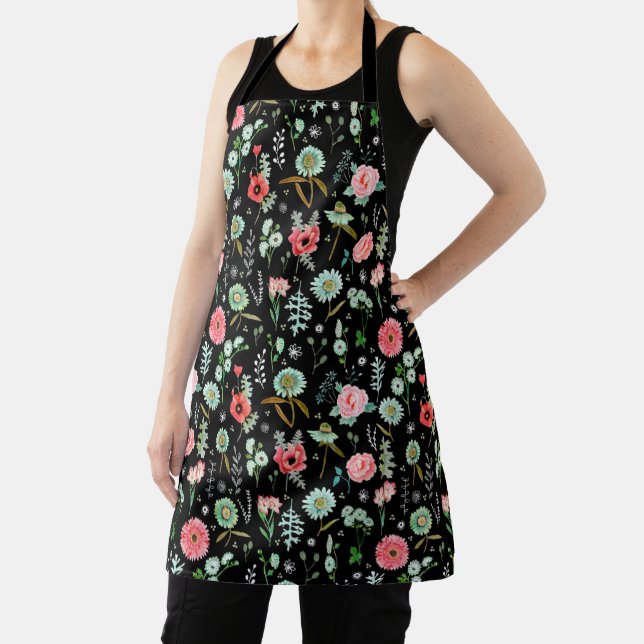 Botanical pink black floral Flowers Pattern Apron (Insitu)