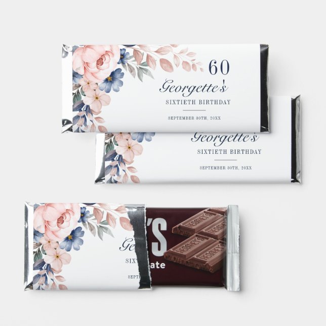 Botanical Pink Blue Floral Script 60th Birthday Hershey Bar Favors (Front)