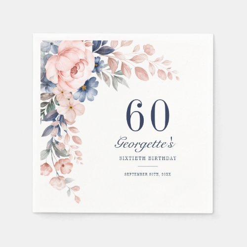 Botanical Pink Blue Floral Script 60th Birthday Napkins