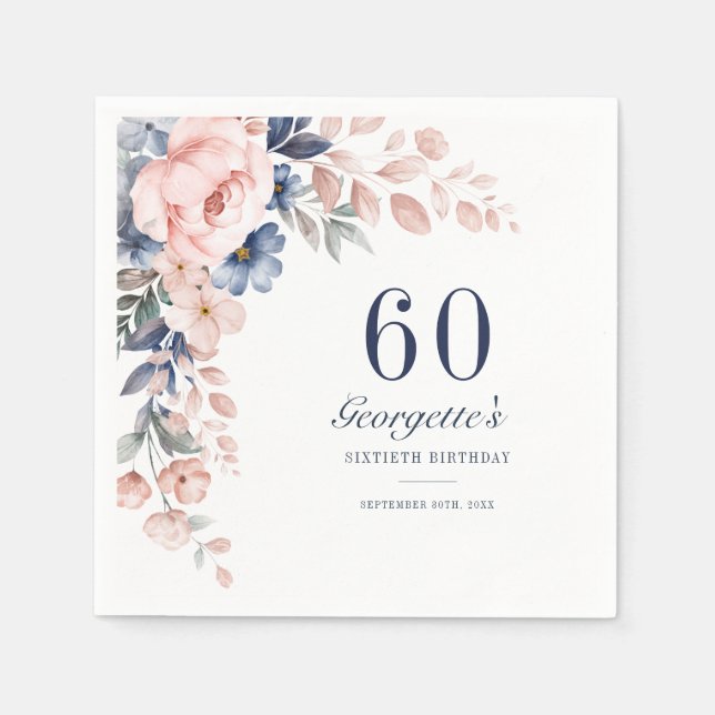 Botanical Pink Blue Floral Script 60th Birthday Napkins (Front)