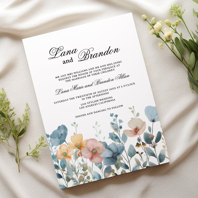 Botanical pink blue spring wildflowers wedding  invitation (Botanical pink blue spring wildflowers wedding)