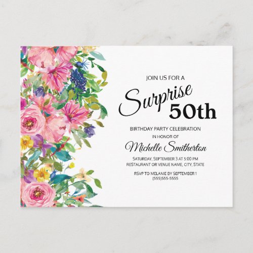 Botanical Pink Blue Watercolor Floral 50th Birthda Postcard