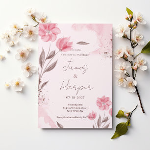 Botanical pink brown watercolor floral Wedding Invitation