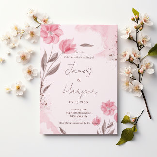 Botanical pink brown watercolor floral Wedding Invitation