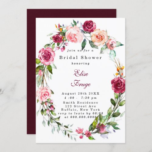 Botanical Pink Burgundy Floral Bridal Shower Invit Invitation