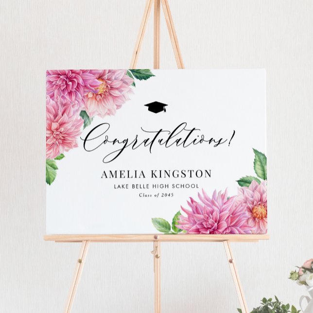 Botanical Pink Dahlia Congratulations Graduation Poster (Congratulations to the graduate! Botanical graduation party sign featuring watercolor pink dahlias. )