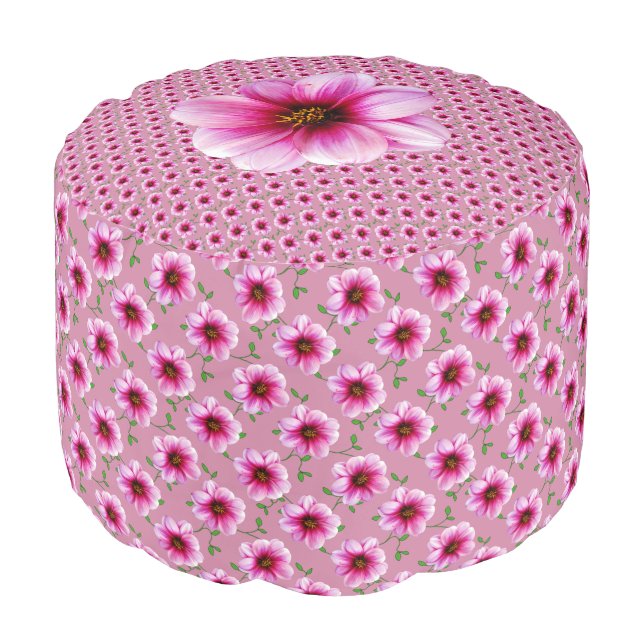 Botanical Pink Dahlia Floral Pattern Pouf (Angled Front)