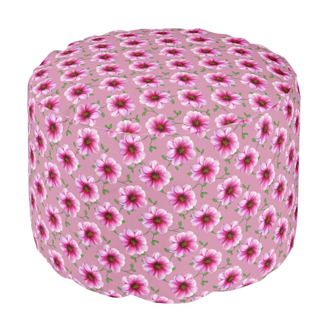 Botanical Pink Dahlia Floral Pattern Pouf (Angled Front)