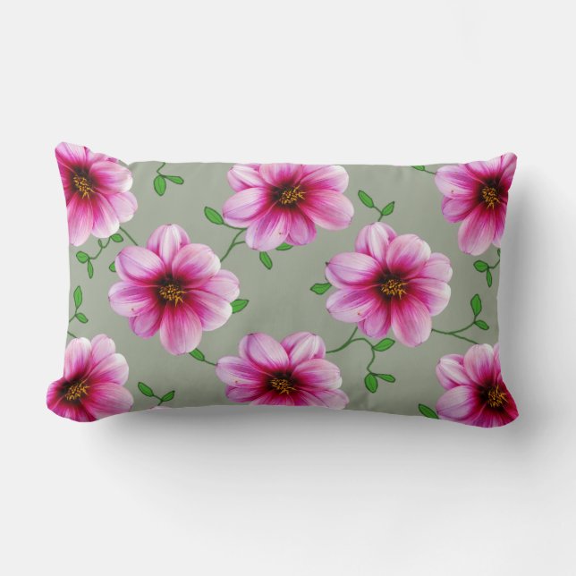 Botanical Pink Dahlia Flower on any Color Lumbar Pillow (Front)