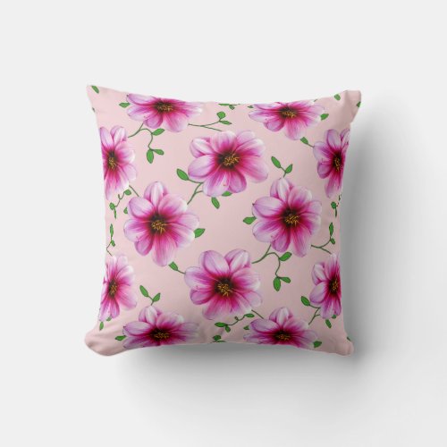 Botanical Pink Dahlia Flower on any Color Throw Pillow