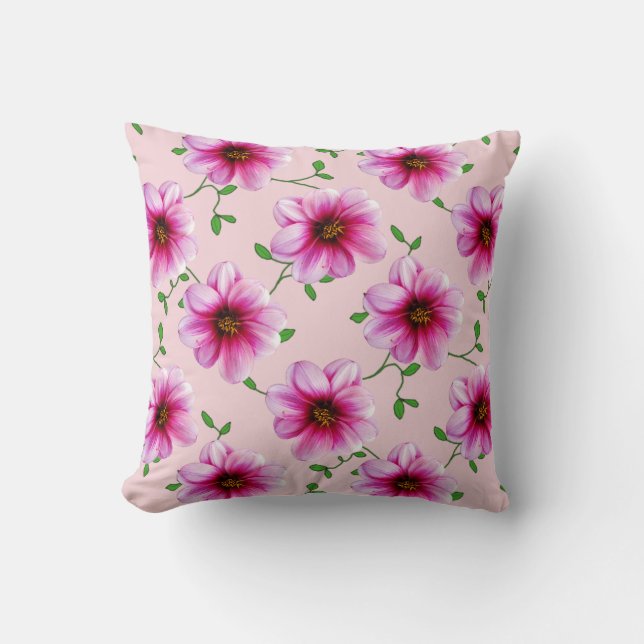 Botanical Pink Dahlia Flower on any Color Throw Pillow (Front)