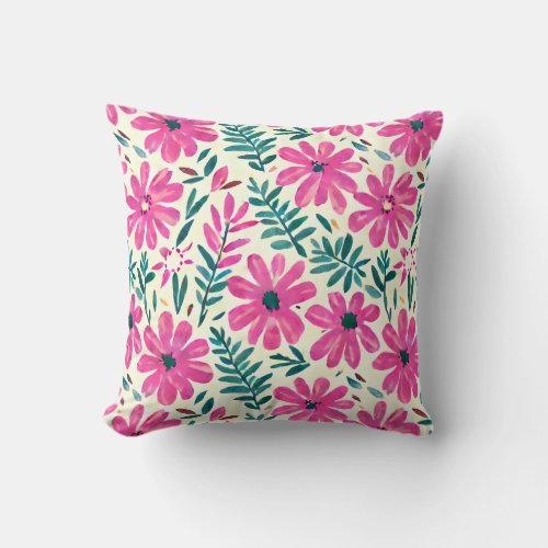 Botanical Pink Daisies Watercolor Pattern Throw Pillow