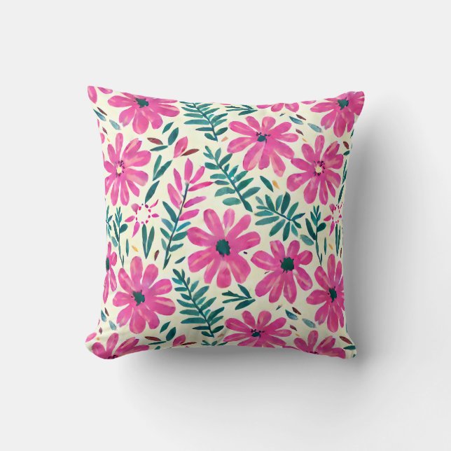 Botanical Pink Daisies Watercolor Pattern Throw Pillow (Front)