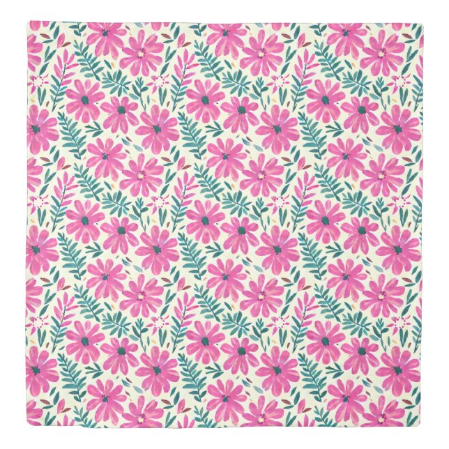 Botanical Pink Daisy Watercolor Pattern Duvet Cover (Front)