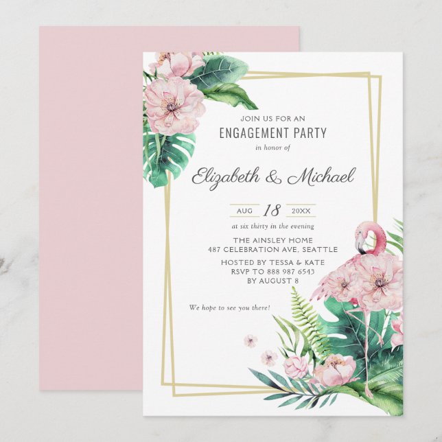 Botanical Pink Flamingo Floral Engagement Party Invitation (Front/Back)