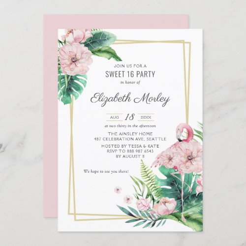 Botanical Pink Flamingo Floral Frame Sweet Sixteen Invitation