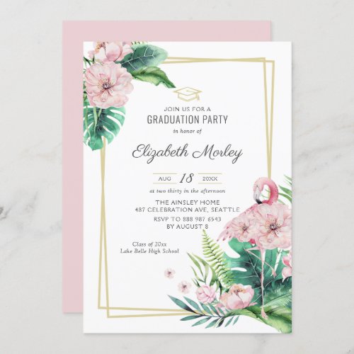 Botanical Pink Flamingo Frame Graduation Party Invitation