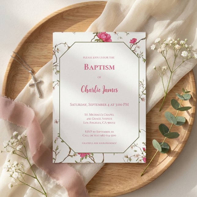 Botanical Pink Floral Baptism Invitation (Creator Uploaded)