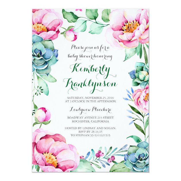 Botanical Pink Floral Watercolor Baby Shower Invitation