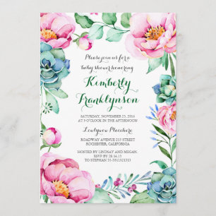 Botanical Pink Floral Watercolor Baby Shower Invitation