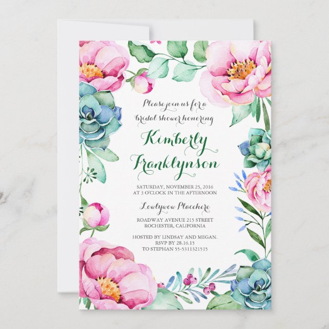 Botanical Pink Floral Watercolor Bridal Shower Invitation (Front)