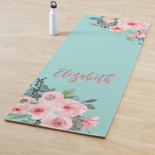 Botanical Pink Floral Watercolor Roses Yoga Mat