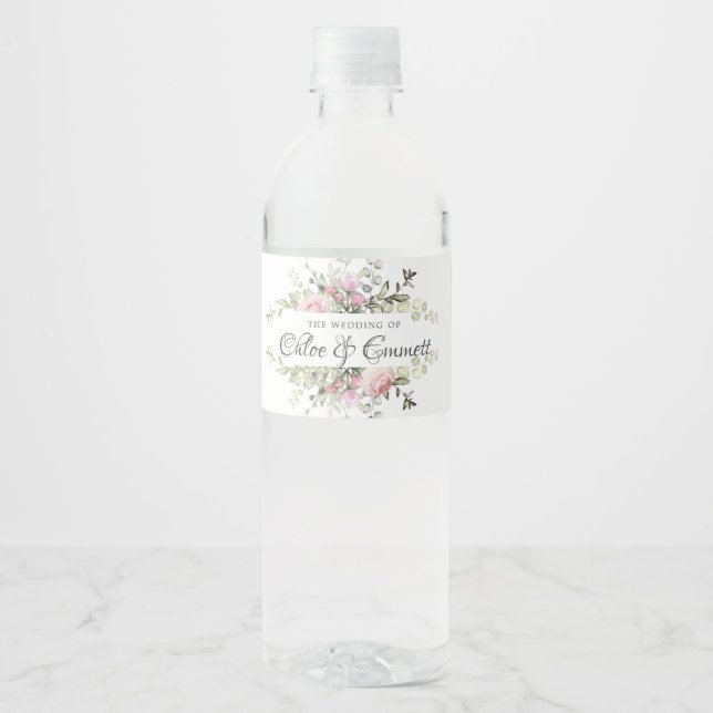 Botanical Pink Floral Wedding Water Bottle Label (Front)