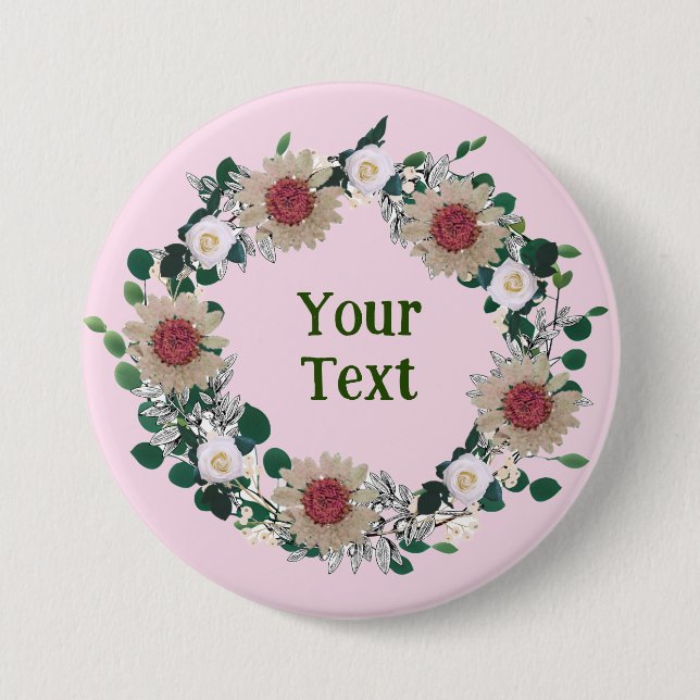 "Botanical Pink Floral Wreath Lapel Accent Button (Front)