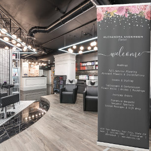 Botanical Pink Flowers Diamond Glitter Black Salon Retractable Banner