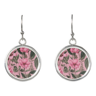 Botanical pink flowers pattern earrings