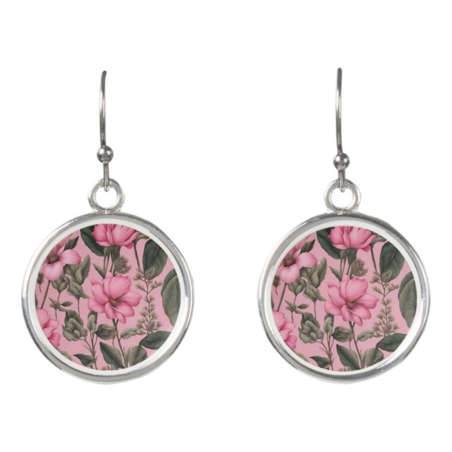 Botanical pink flowers pattern earrings (Front)