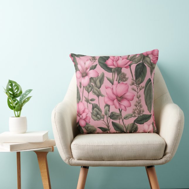 Botanical pink flowers pattern throw pillow (Chair)