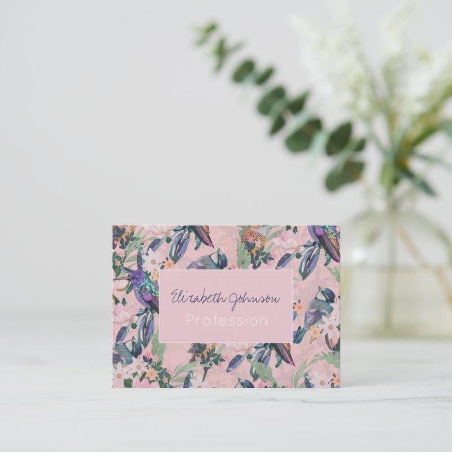 Botanical Pink Garden Flowers and Birds  Business Card (Standing Front)