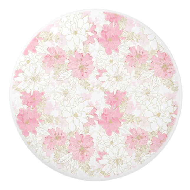 Botanical Pink Gold Flowers Ceramic Knob (Front)