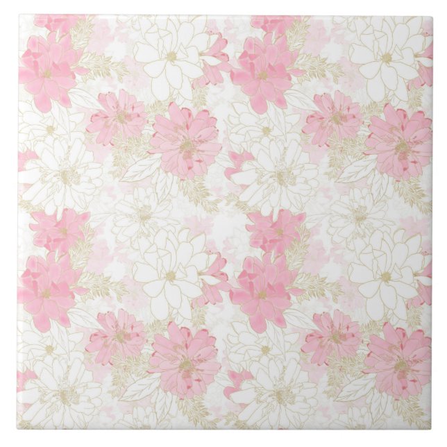 Botanical Pink Gold Flowers Ceramic Tile (Front)