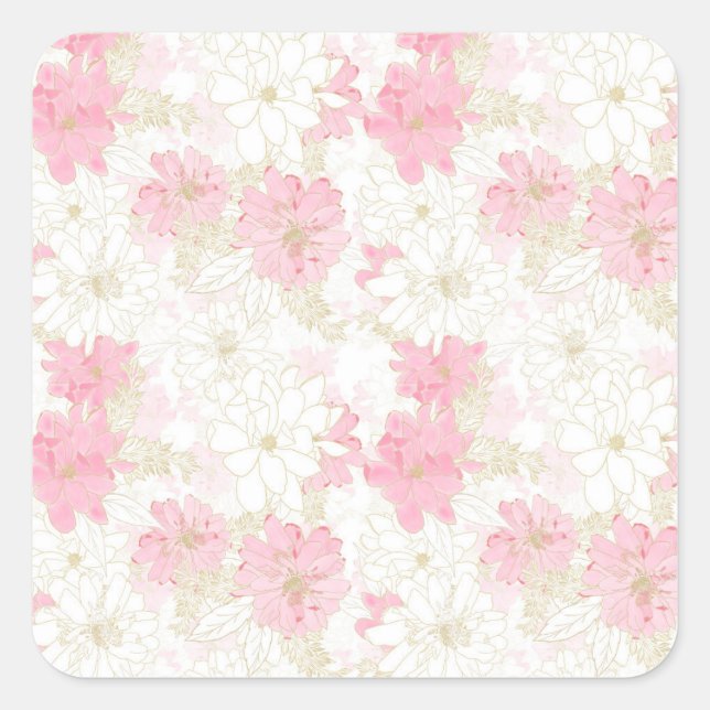 Botanical Pink Gold Flowers Square Sticker (Front)