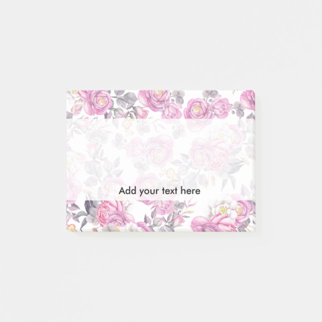 Botanical pink gray watercolor romantic roses post-it notes (Front)