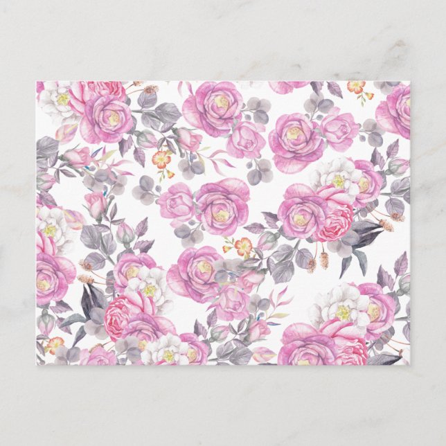 Botanical pink gray watercolor romantic roses postcard (Front)