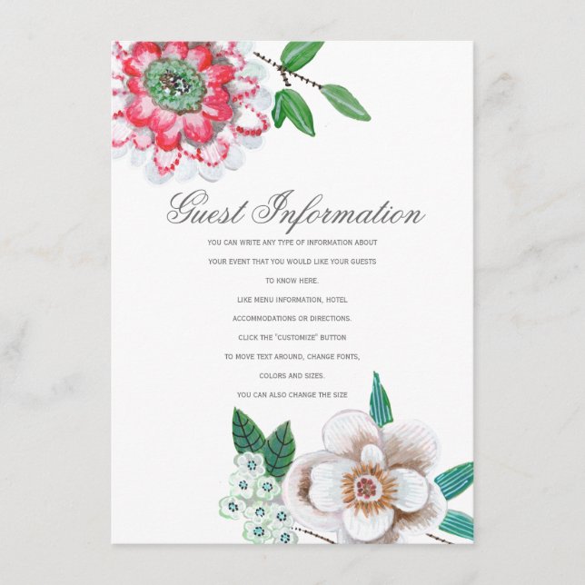 Botanical Pink green Floral Guest Information card (Front)