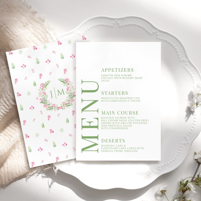Botanical Pink Green Floral Wedding Menu Cards (Creator Uploaded)