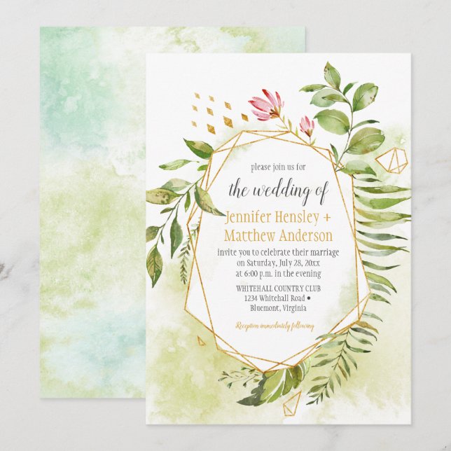 Botanical Pink Green Gold Geometric Frame Wedding Invitation (Front/Back)