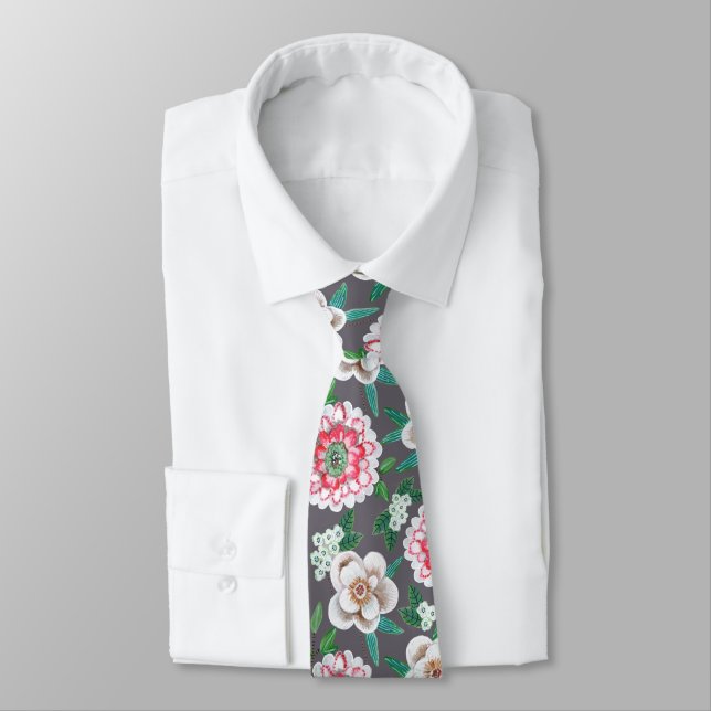 Botanical pink, grey, green Floral Neck Tie (Tied)