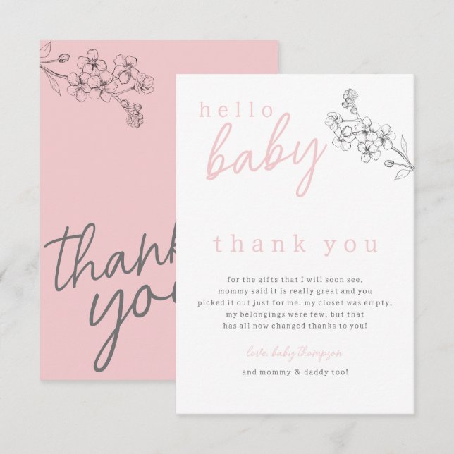 Botanical Pink Hello Baby Baby Shower Thank You  Card (Front/Back)