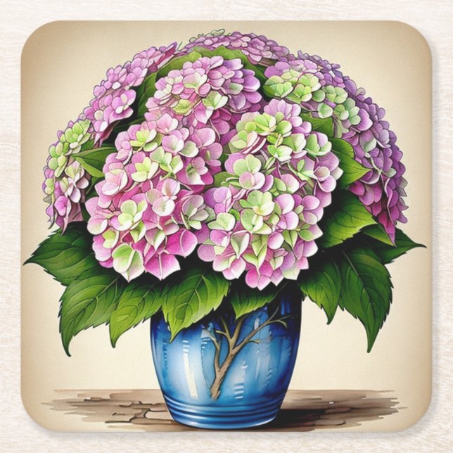 Botanical Pink Hydrangea Flower Paper Coaster (Front)