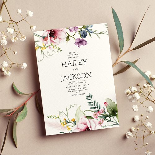 Botanical pink lilac burgundy green floral wedding invitation