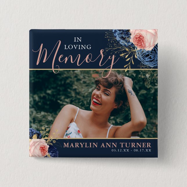 Botanical Pink & Navy Florals Elegant Memorial Button (Front)
